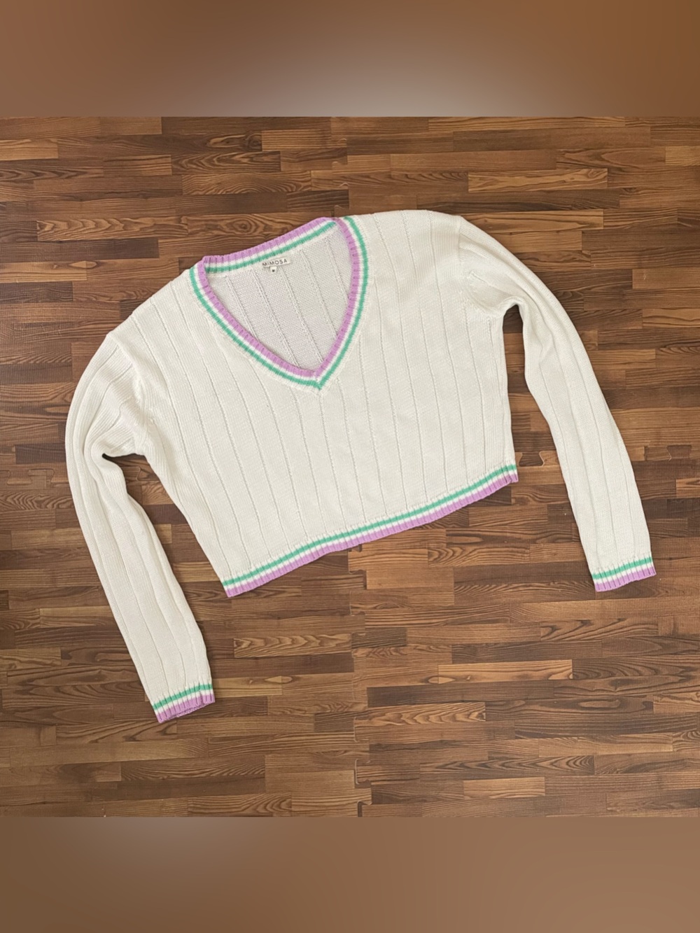 Mimosa Cropped V-Neck Sweater with Pastel Trim - White